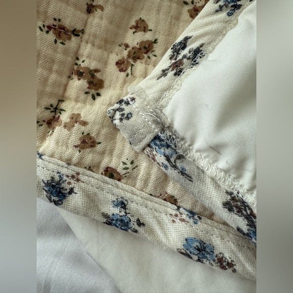 Quilted Plaid Floral Open Jacket Large Cream Blue Brown Cottagecore - Picture 7 of 7